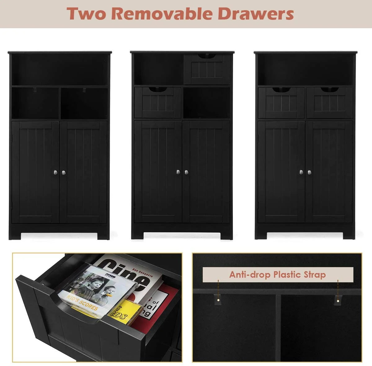 Giantex Multifunctional Floor Cabinet, Freestanding Bathroom Cabinet with Removable Drawers and Adjustable Shelf for Bathroom, Living Room, Bedroom or Entryway, 24 x 12 x 43 inches (Black)