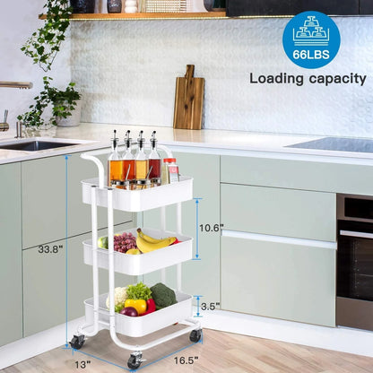 3-Tier Metal Rolling Cart Utility & Storage Cart with Lockable Wheels Kitchen Bathroom Office(White)
