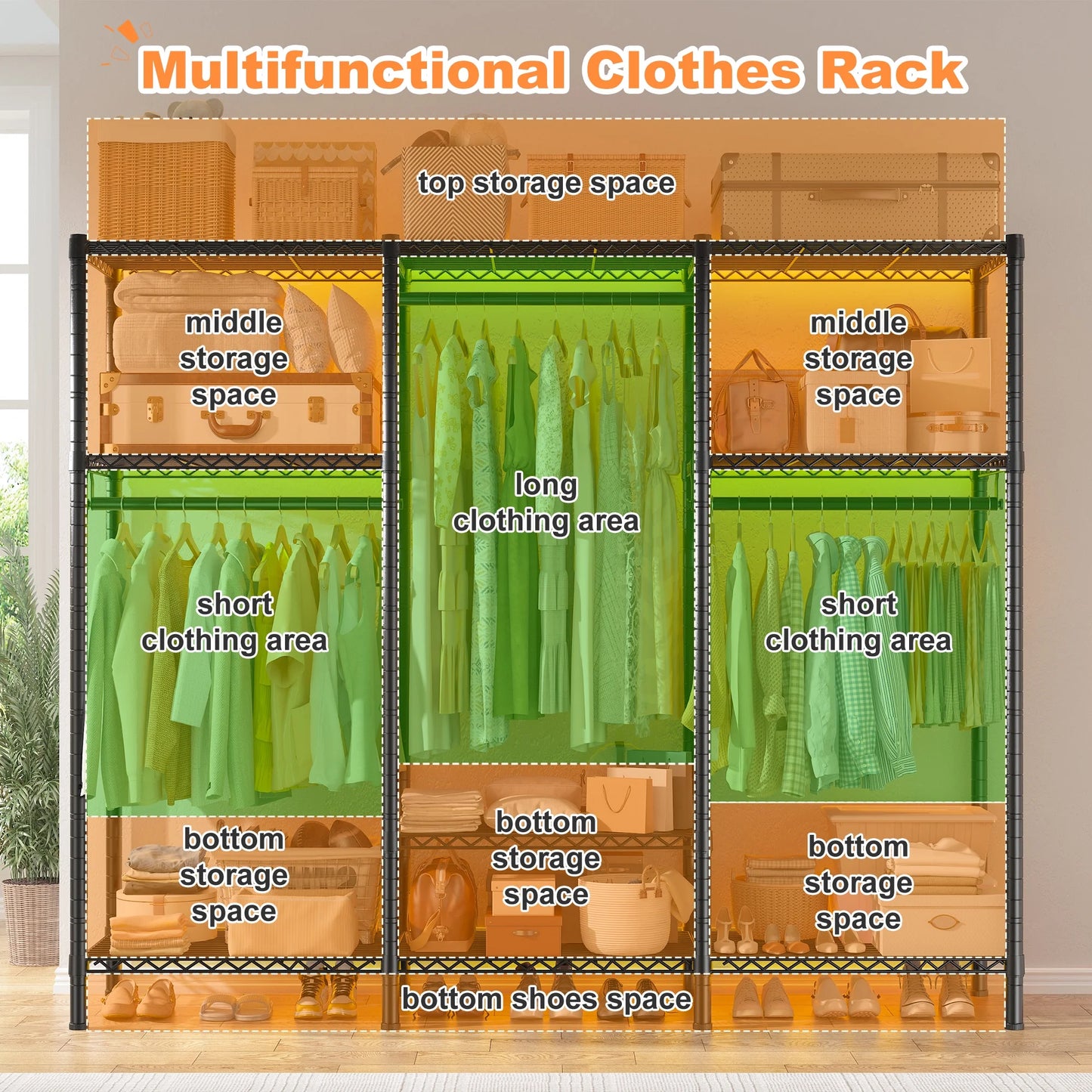 EnHomee Clothing Rack Portable Closet Organizer with 9 Shelves & 3 Rods,Heavy Duty Adjustable Wardrobe Rack 795 LBS CapacityBlack