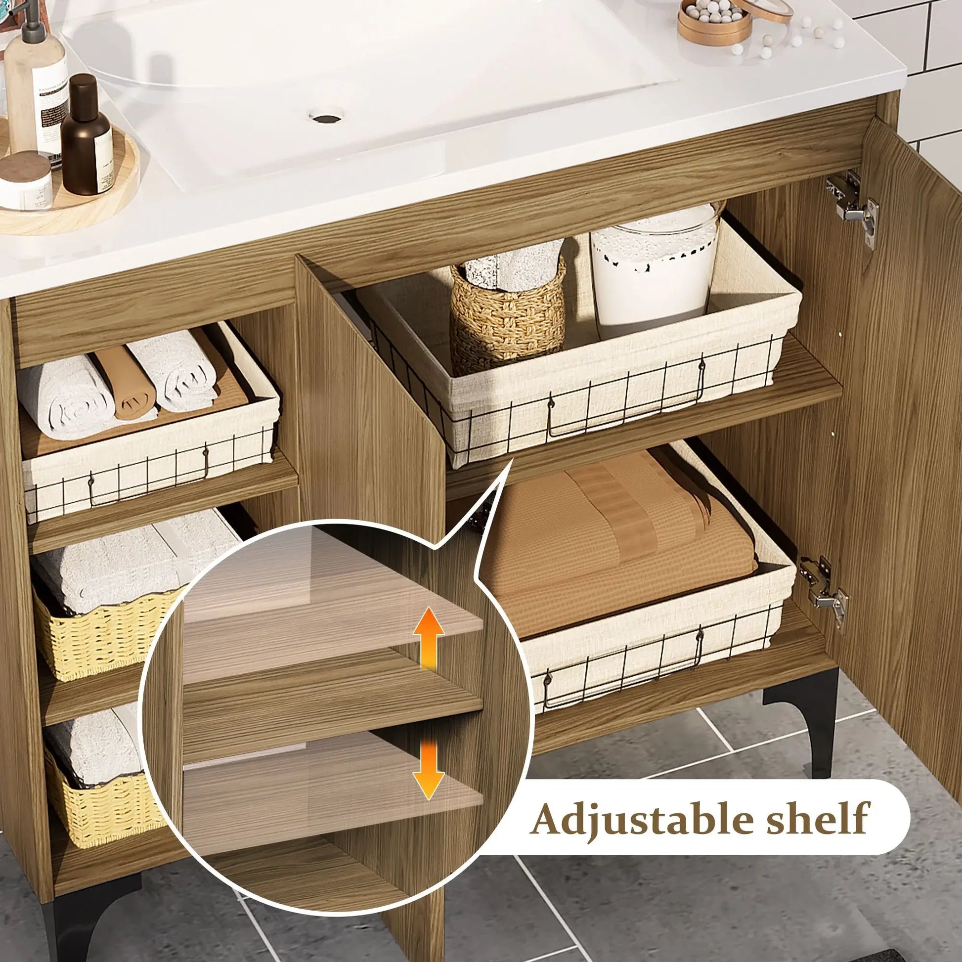 JUSTLET 36" Bathroom Vanity with Sink, Wood Bathroom Vanity Cabinet with Adjustable Shelf and Metal Legs, Bathroom Storage Cabinet with Resin Basin for Bathroom, Natural