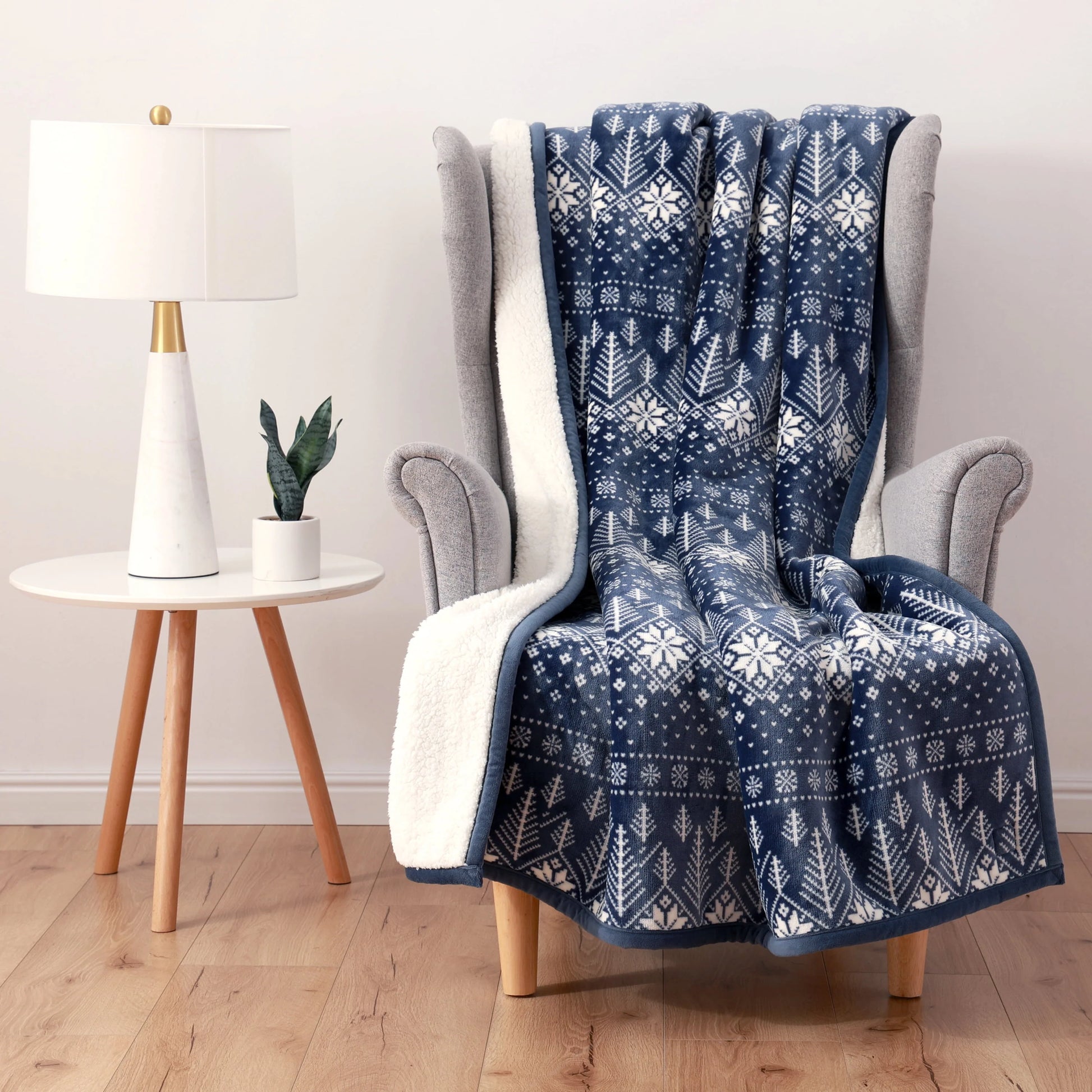 Better Homes & Gardens Velvet Plush Sherpa Throw Blanket, Blue Fair Isle, Oversized