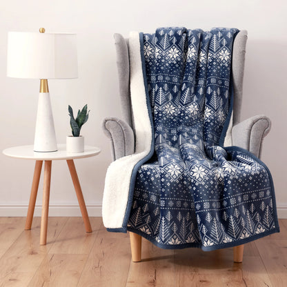 Better Homes & Gardens Velvet Plush Sherpa Throw Blanket, Blue Fair Isle, Oversized