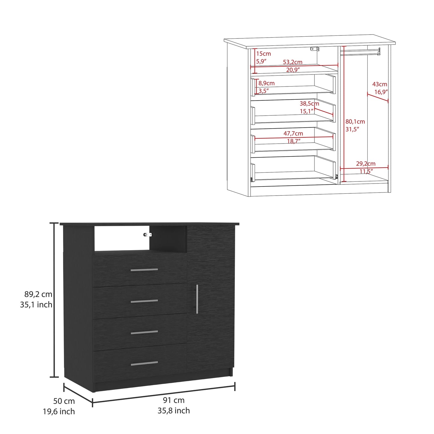 DUOSONG Alyn Dresser, Four Legs, Four Drawers, One Double Drawer, Superior Top -Dark Brown Brown Particle Board Furniture Bedroom Furniture Dressers, Chests & Wardrobes