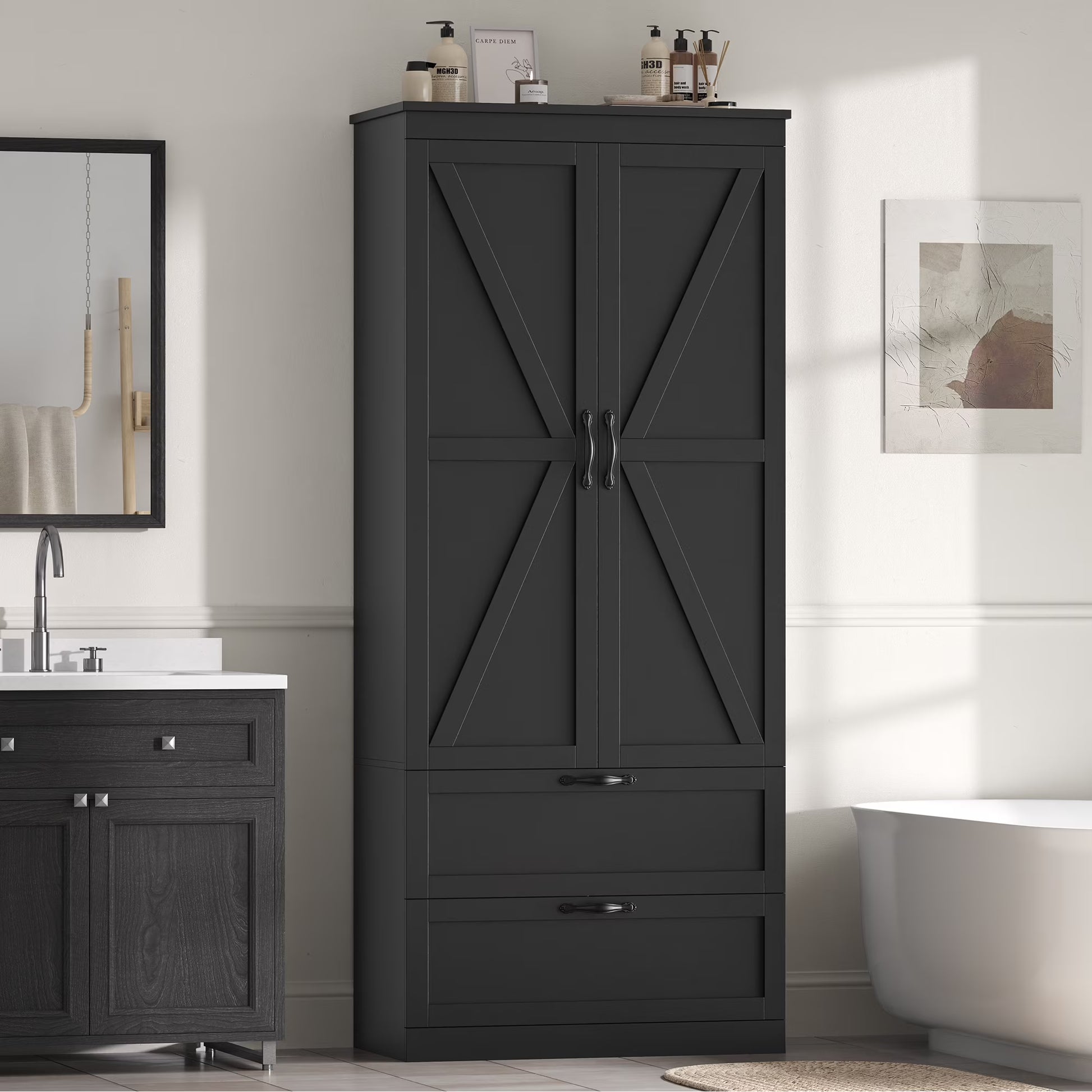 Homfa 70.3"H Bathroom Storage Cabinet, Farmhouse Linen Storage Cabinet with 2 Drawers, White