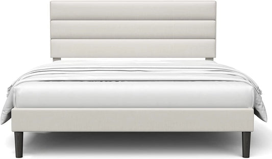 Bonsoir Queen Size Modern Horizontal Panel Upholstered Low Profile Platform Bed Frame With Tufted Headboard/No Box Spring Needed/No Bed Skirt Needed/Linen Fabric Upholstery/Beige