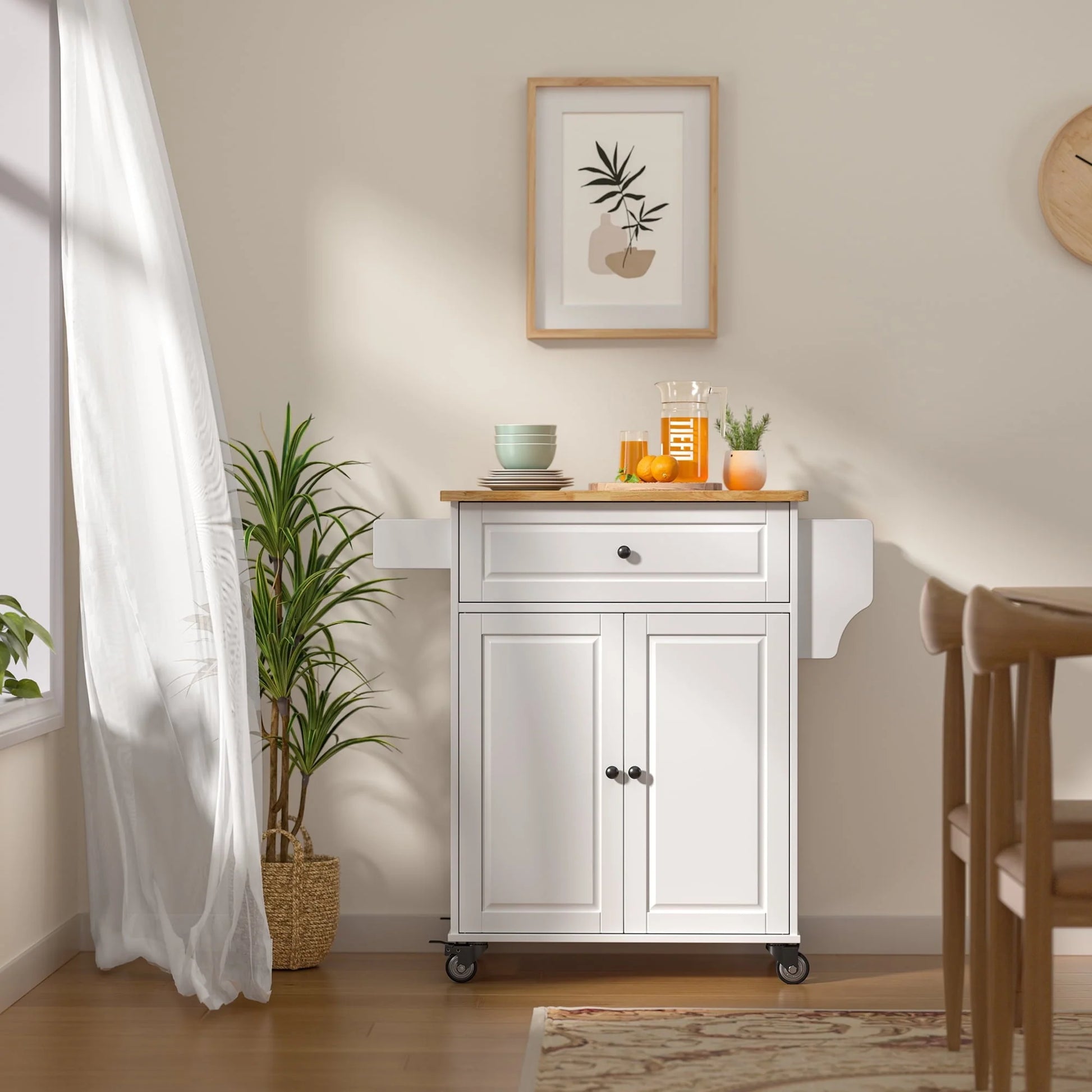 Kitchen Island with Storage on Wheels, Microwave Cart with Spice Rack, Towel Rack & Drawer, White