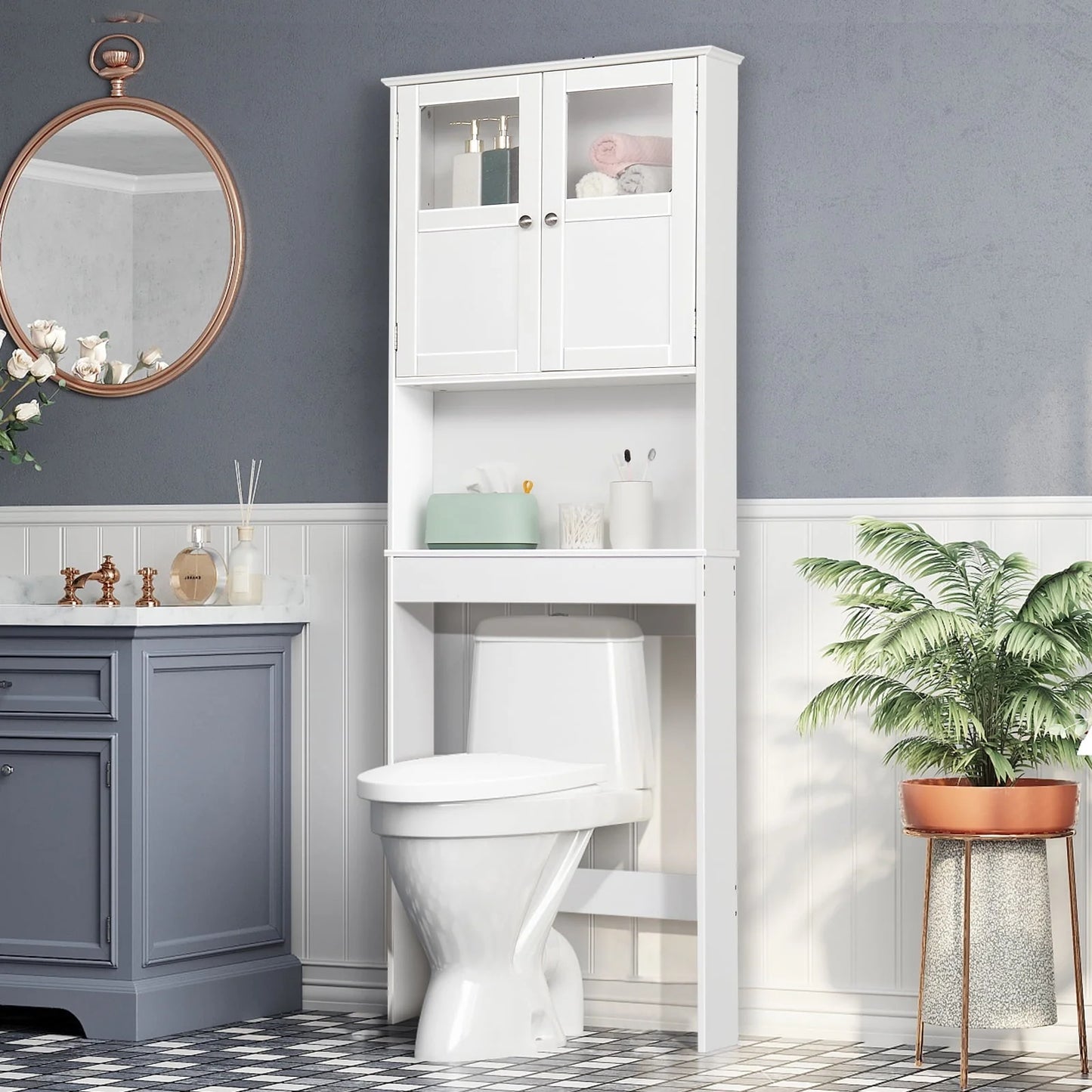 Ktaxon Over the Toilet Bathroom Storage Cabinet Space Saver with 2 Doors and 3 Storage Shelves, White Finish