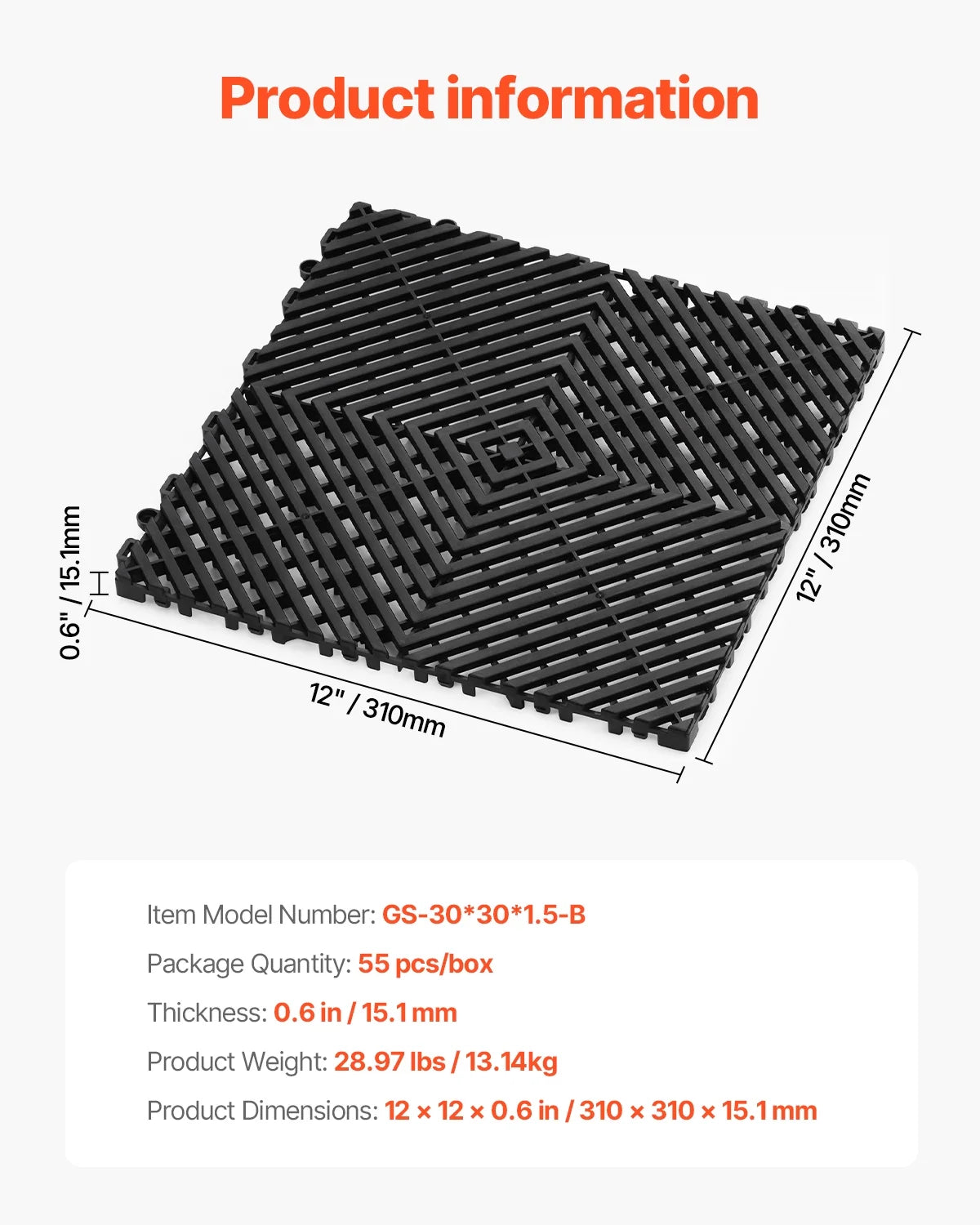 KFFKFF Drainage Floor Mat Set, 12° x 12° Modular Interlocking Padding, Set of 55 Connectable Drainage Mats, Slip-Resistant Black PP Drainage Floor and Bath Mat, Suitable for Garage, Garden