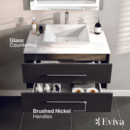 Totti Wave 30" Espresso Modern Bathroom Vanity w/Super White Man-Made Stone Top & Sink