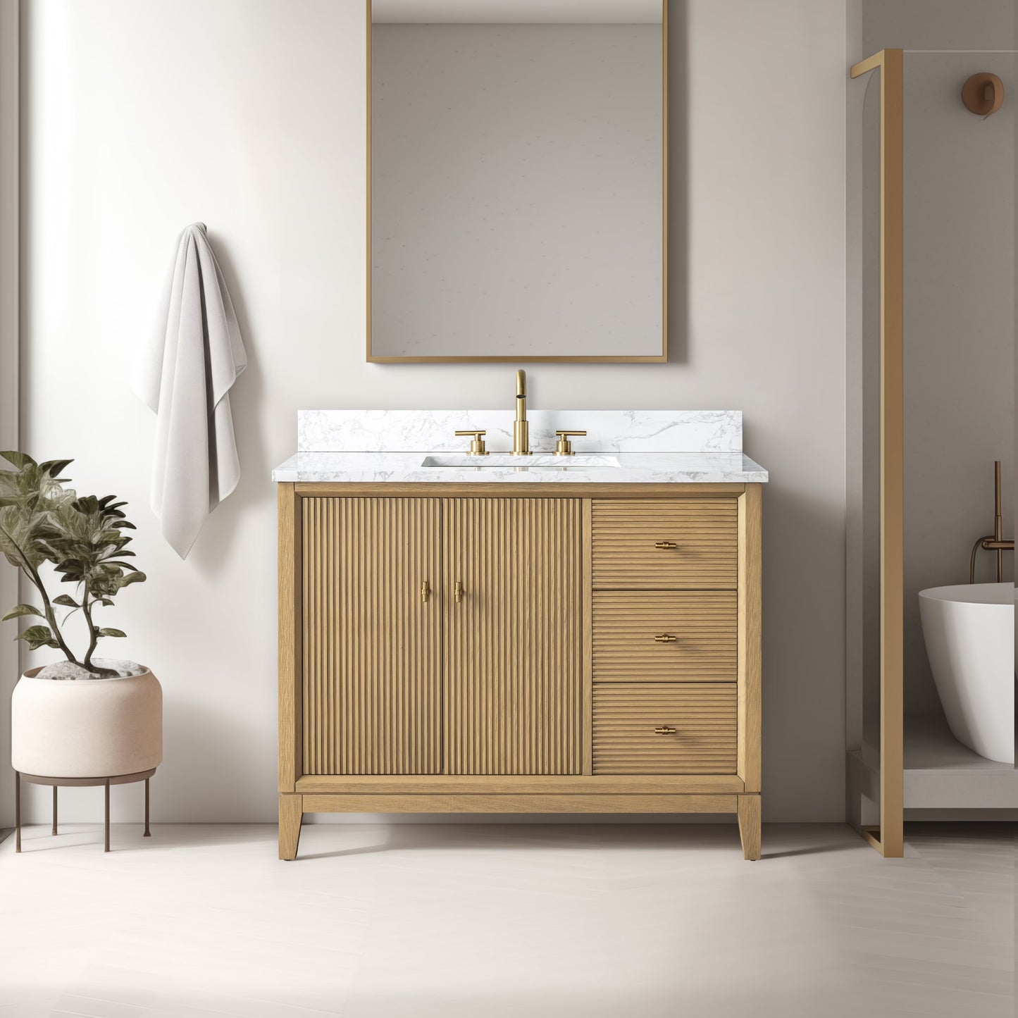Vanity Art 42" Bathroom Vanity with Sink and Engineered Marble Top, Freestanding Storage Cabinet with 2 Drawers, 1 Shelf and Flip Down Tray