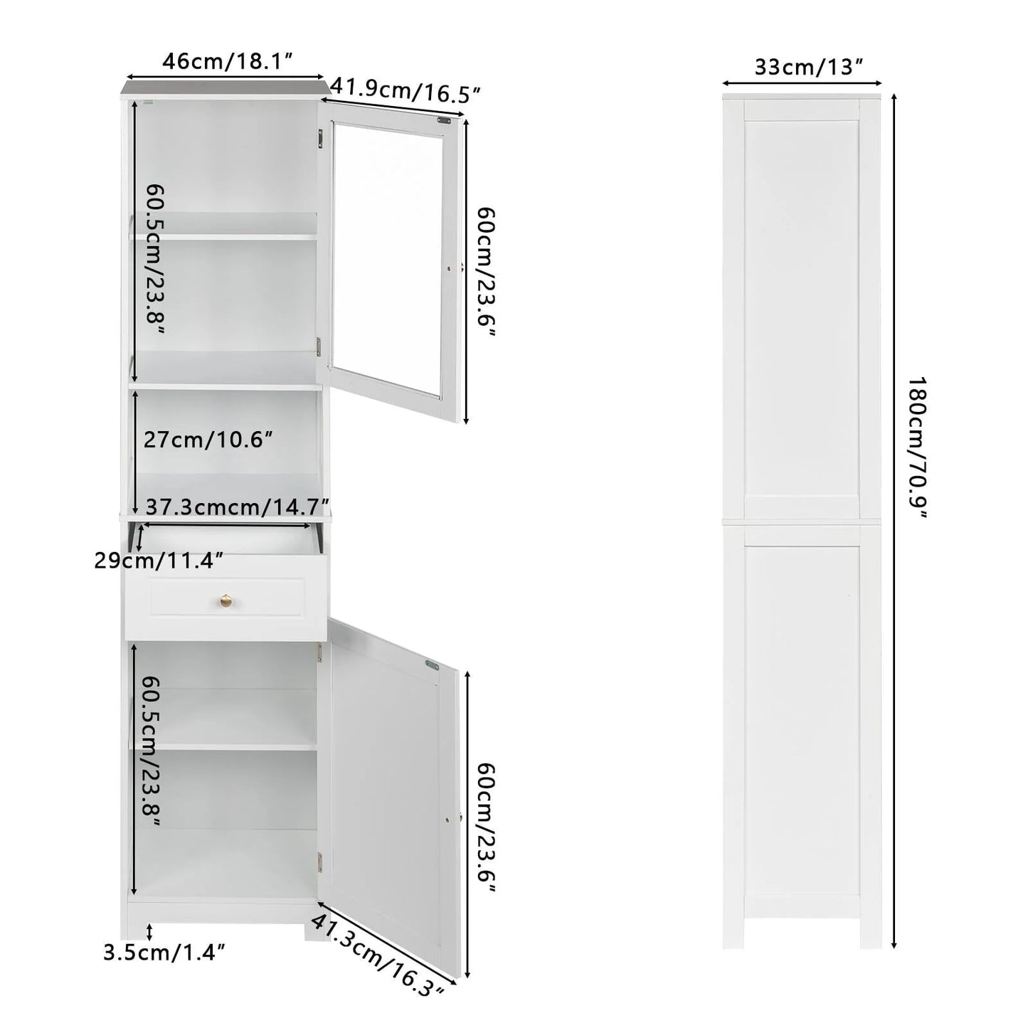 Ktaxon Large Bathroom Tall Storage Cabinet Organizer, Freestanding Line Tower Pantry Cabinet with Adjustable Shelves and 2 Cupboards for Kitchen Living Room Bedroom Office, 18"x13"x71", White