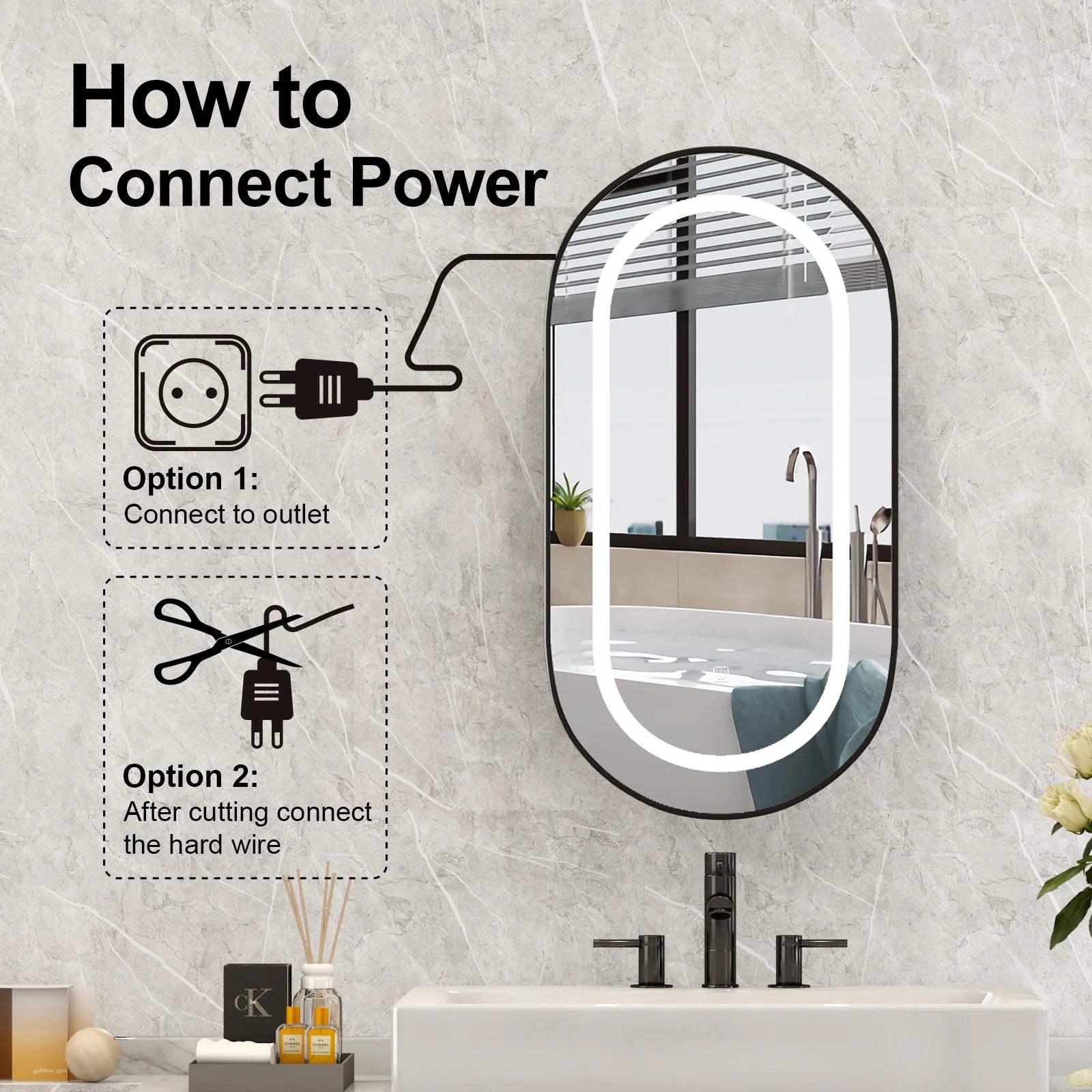 Hironpal Recessed or Wall Mounted 3 Color LED Oval Medicine Cabinet with 17x32 Inch Mirror for Bathroom,Black