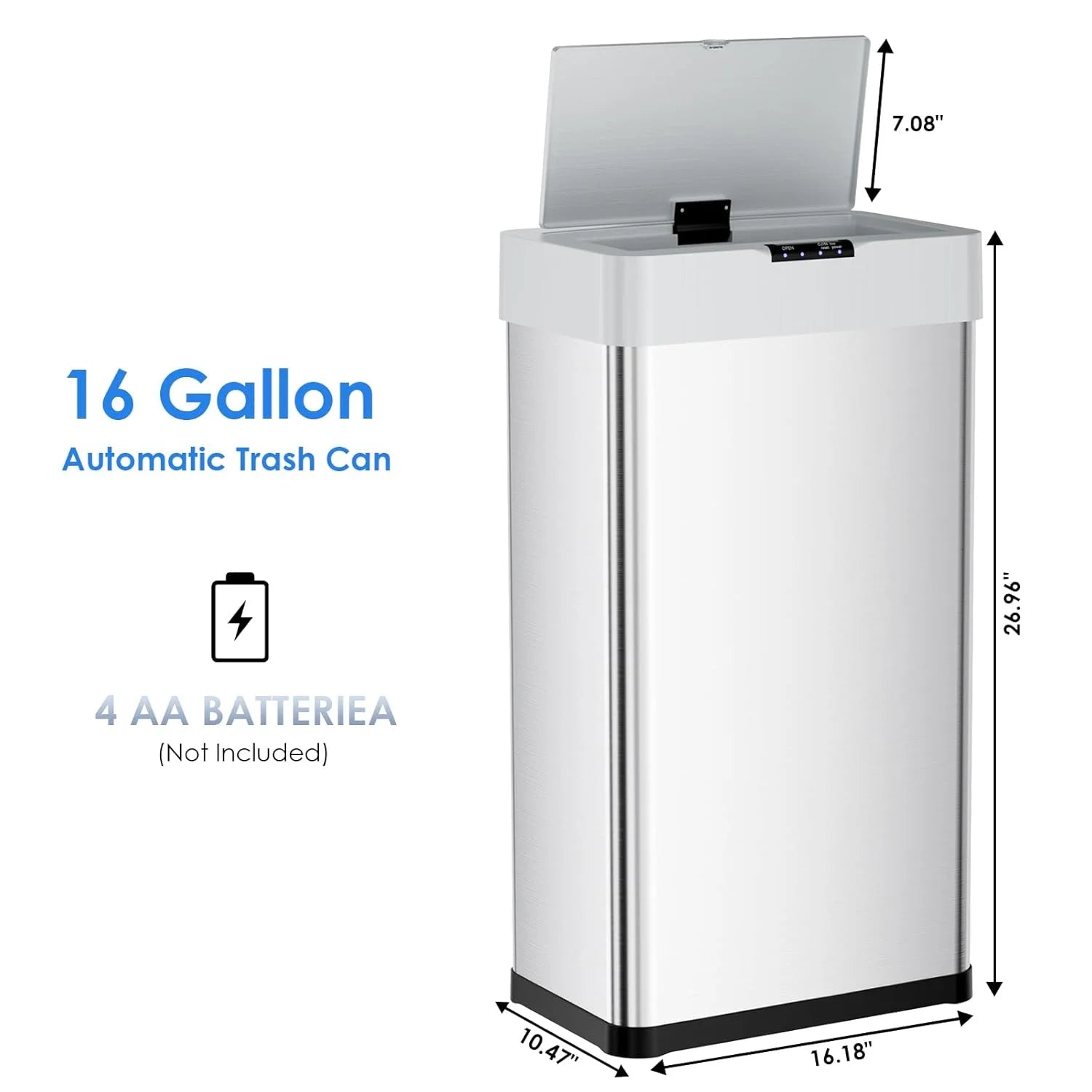 LAZY BUDDY 60 Liter/16 Gallon Stainless Steel Motion Sensor Trash Can for Kitchen, Bathroom, Rectangular
