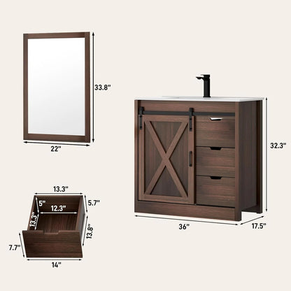 Blotout 36" Bathroom Vanity with Sink & Faucet & Mirror, Farmhouse Bathroom Vanity Cabinet Set with Sliding Barn Door & 3 Drawers, Freestanding Single Bath Storage Vanity Ceramic Sink, White