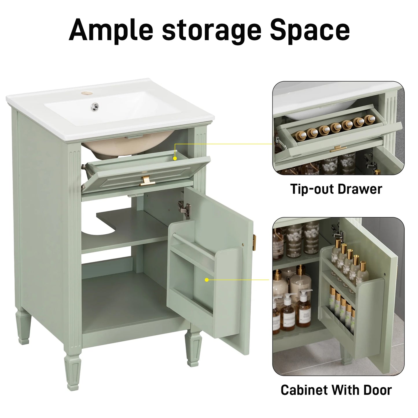 Euroco 20" Bathroom Vanity with Integrated Ceramic Sink, Soft-Close Hinges and Drawer Storage, Solid Wood Legs