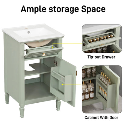 Euroco 20" Bathroom Vanity with Integrated Ceramic Sink, Soft-Close Hinges and Drawer Storage, Solid Wood Legs
