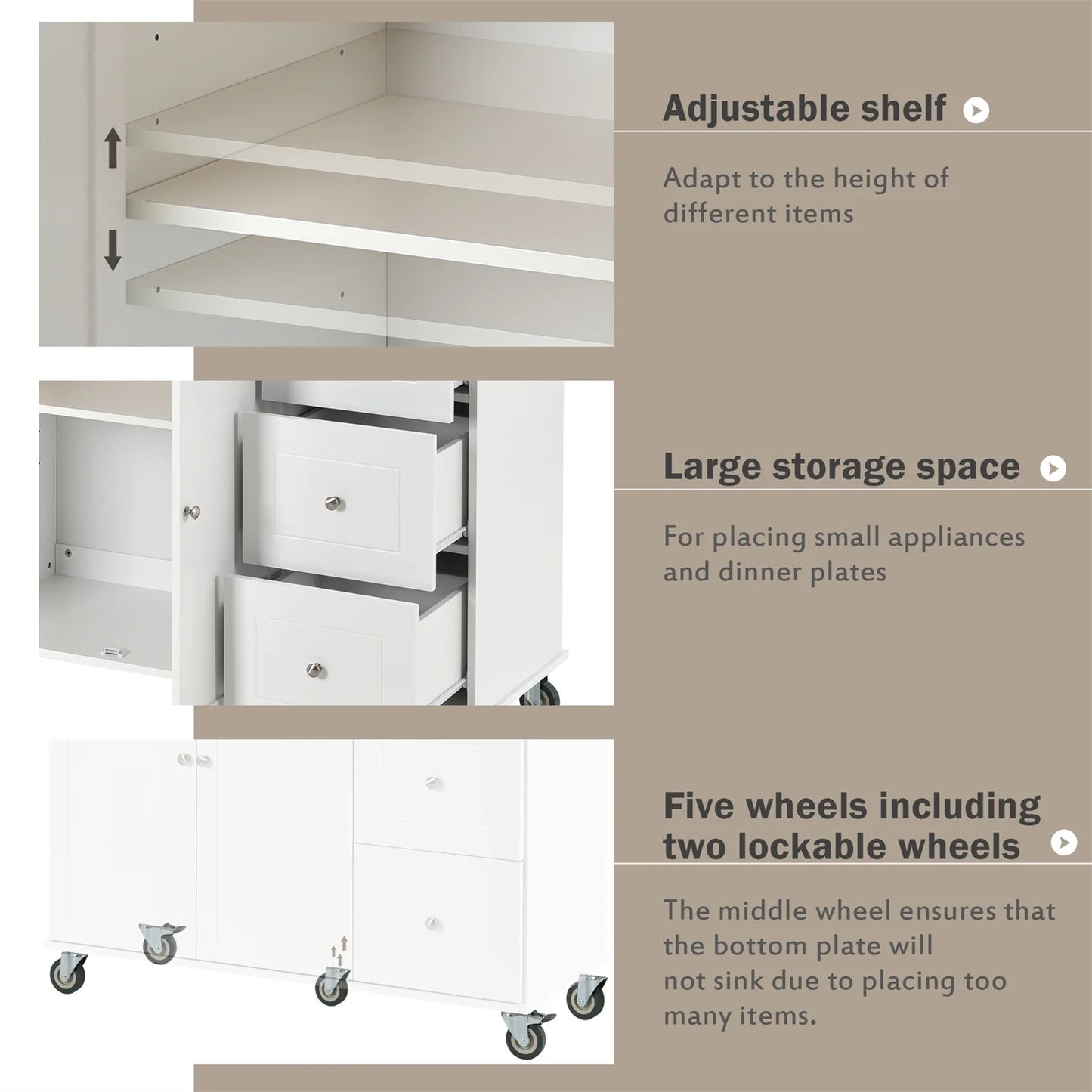 Kitchen Island Cart, Drop Leaf Kitchen Island on Wheels with Spice Rack, Towel Rack and 3 Drawers, Rolling Mobile Kitchen Island with Storage Cabinets and Solid Wood Top, White