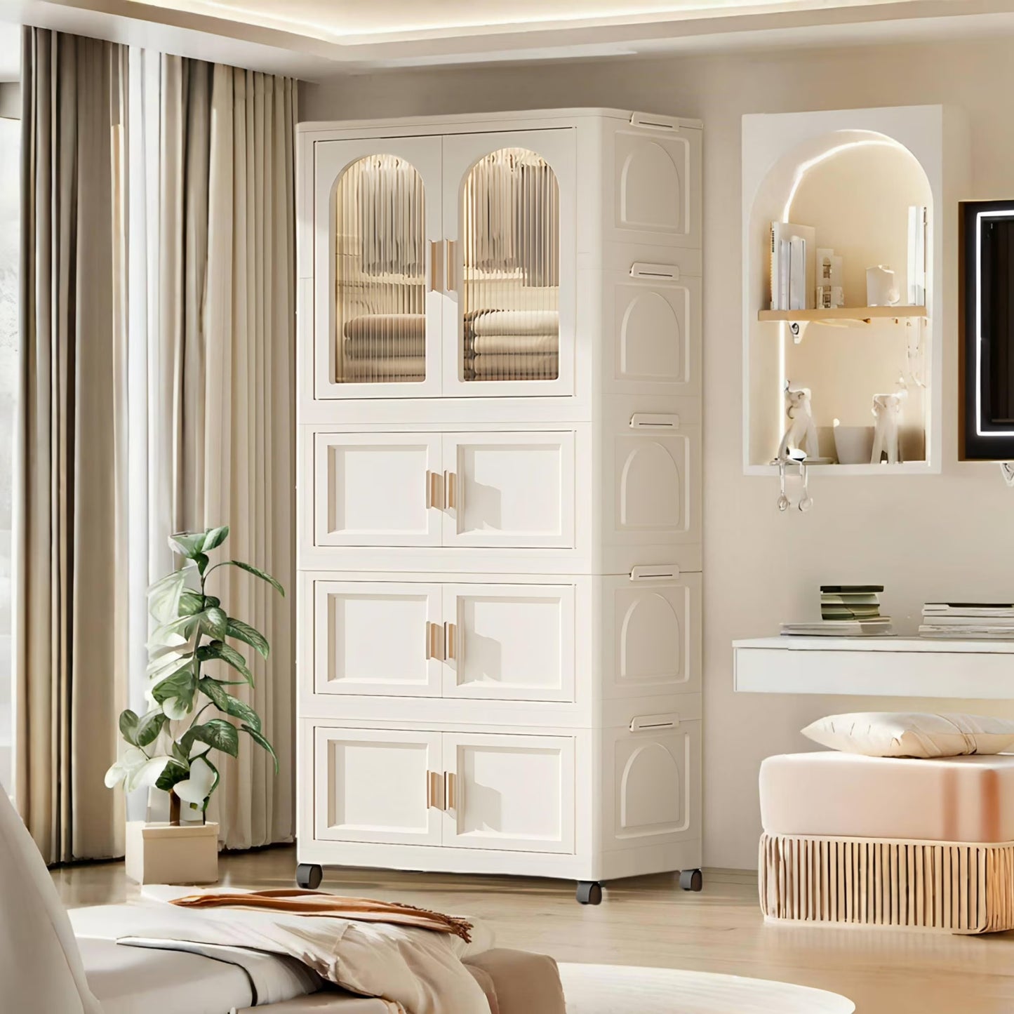 PORKISS Portable Wardrobe Closet, Folding Bedroom Armoire with Wheels, Plastic Storage Basket Can be Freely Combined (1 Layer of Wardrobe + 2 Layers of Folding Boxes+10 Hangers), Cream White-57.09"H