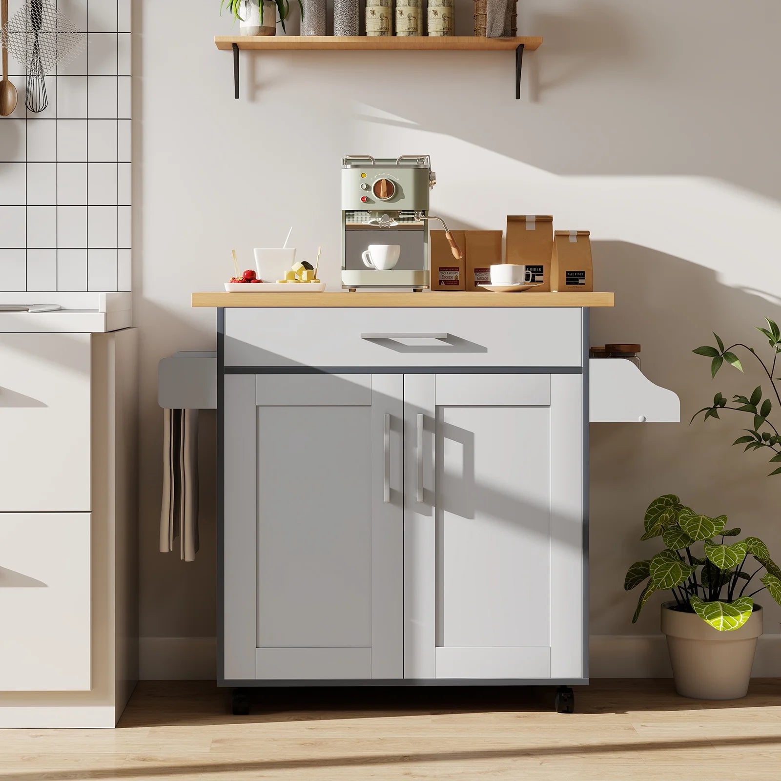 Giantex Kitchen Island Cart with Storage Cabinet on Wheels, Spice Rack Towel Rack & Drawer, Gray