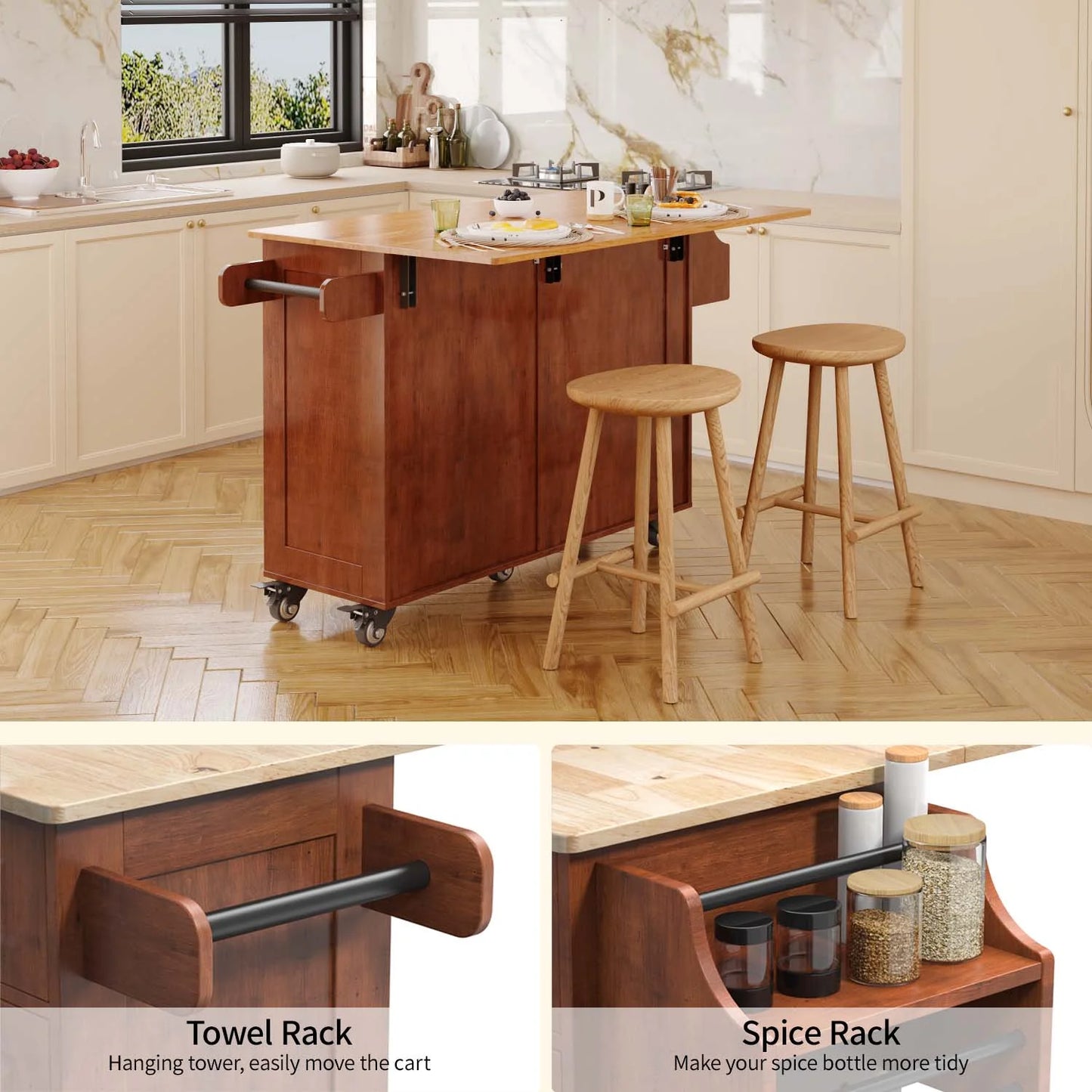 Lofka Kitchen Islands Carts with Storage, 52° kitchen Islands with 2 Storage Cabinet, Spice Rack, Towel Rack, Brown