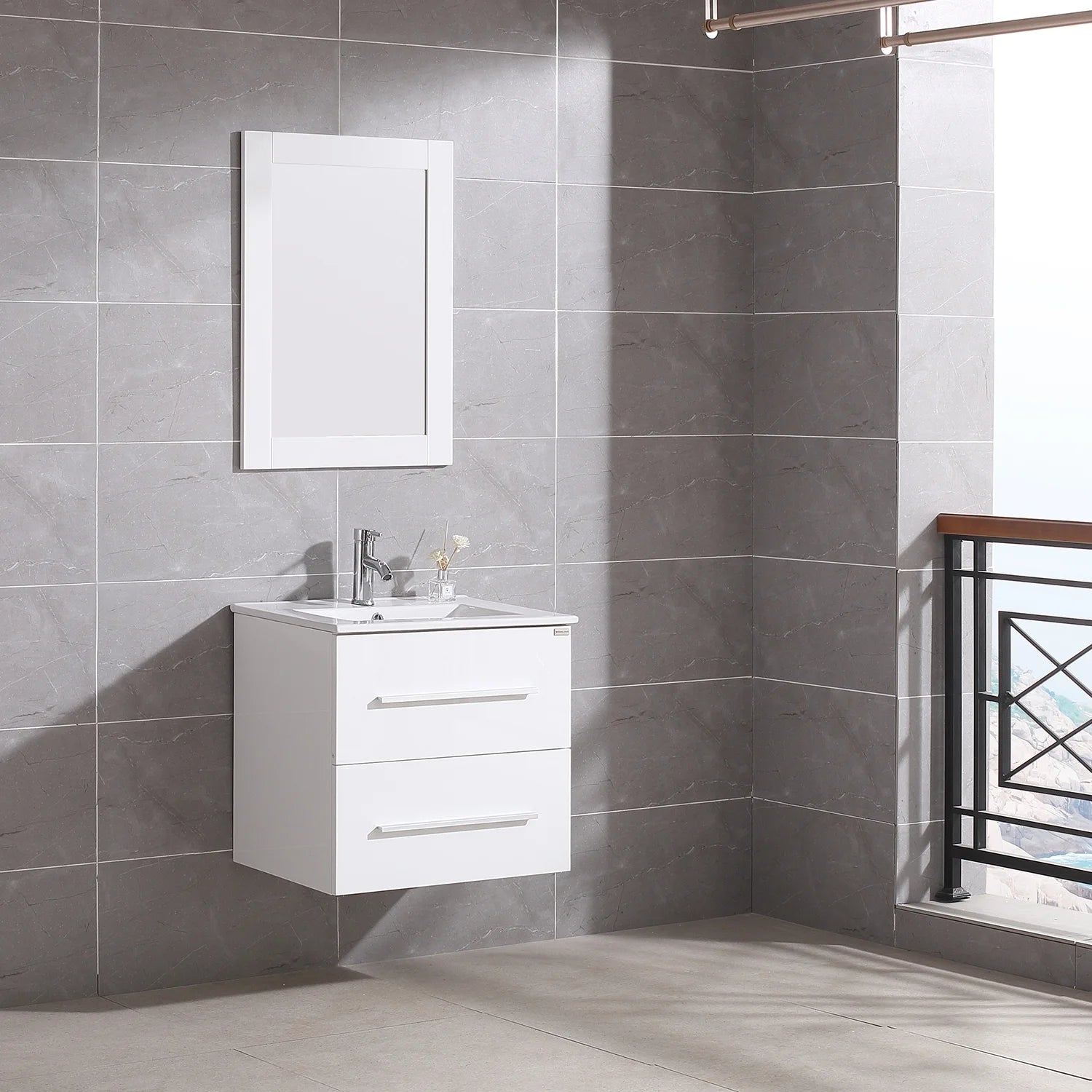 Wonline 24" Wall Mounted Bathroom Vanity with Sink, White Cabinet with Two Drawer and Mirror Chrome Faucet