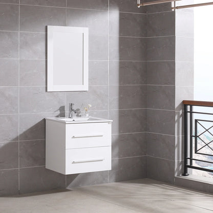 Wonline 24" Wall Mounted Bathroom Vanity with Sink, White Cabinet with Two Drawer and Mirror Chrome Faucet