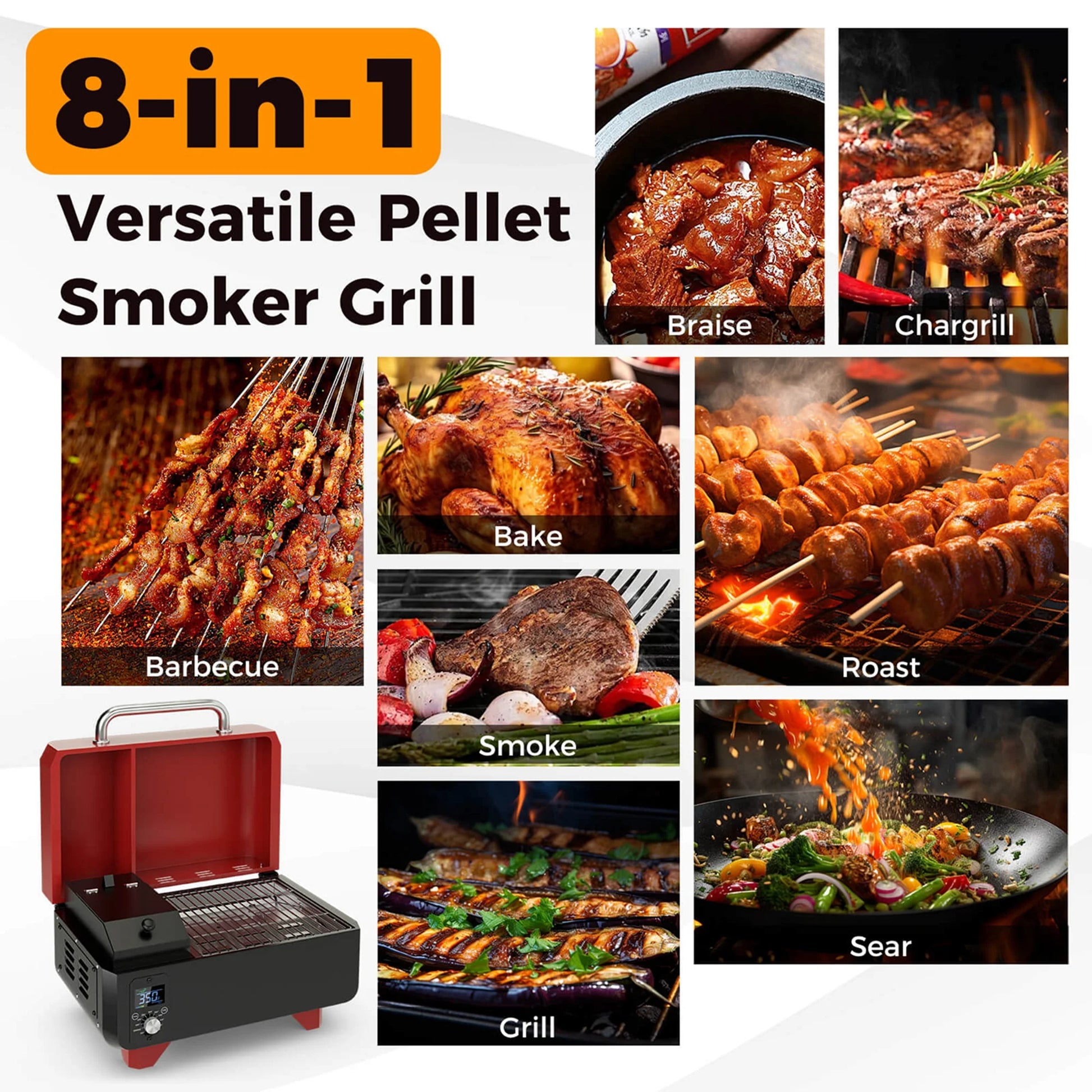 Costway 8-in-1 Portable Pellet Grill with Digital Control Meat Probe Detachable Ash Pan Red