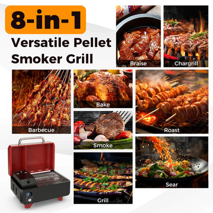 Costway 8-in-1 Portable Pellet Grill with Digital Control Meat Probe Detachable Ash Pan Red