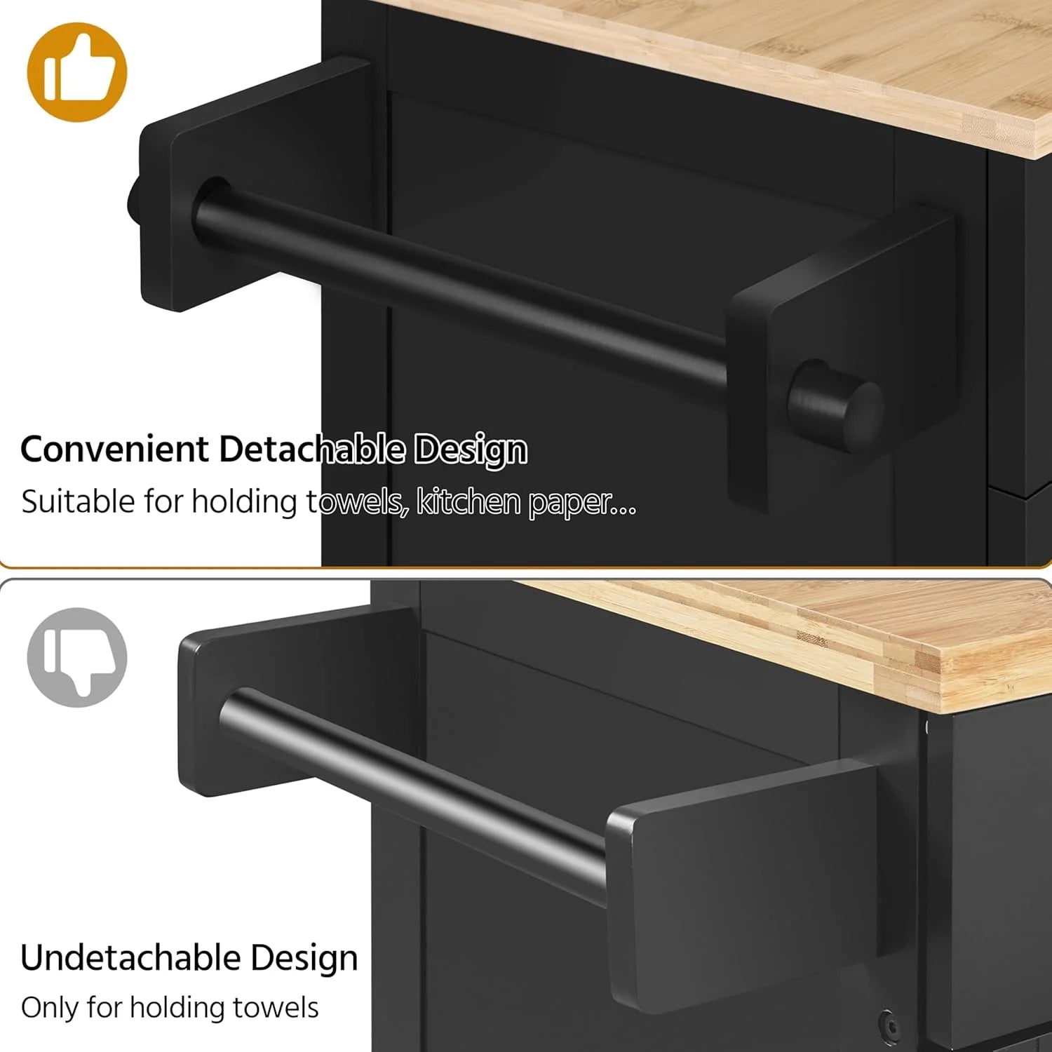 HXYHJ Kitchen Island on Wheels with Storage Cabinet, Rolling Kitchen Cart with Bamboo Top & Drawer & Spice Rack Towel Bar, Microwave Stand Cart for Kitchen/Dining Room, Black