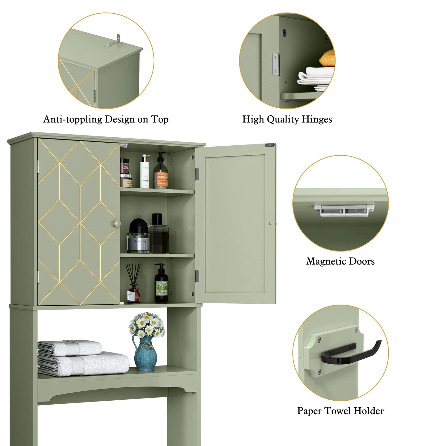 HLR Over The Toilet Storage Cabinet, Bathroom Above Toilet Storage Cabinet with Doors and Adjustable Shelves, Black