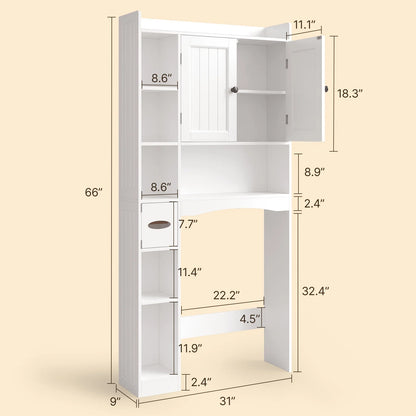 Over the Toilet Storage Cabinet , Bathroom Cabinet with 6 Open Shelves & Waterproof Tissue Holder - Upgraded White