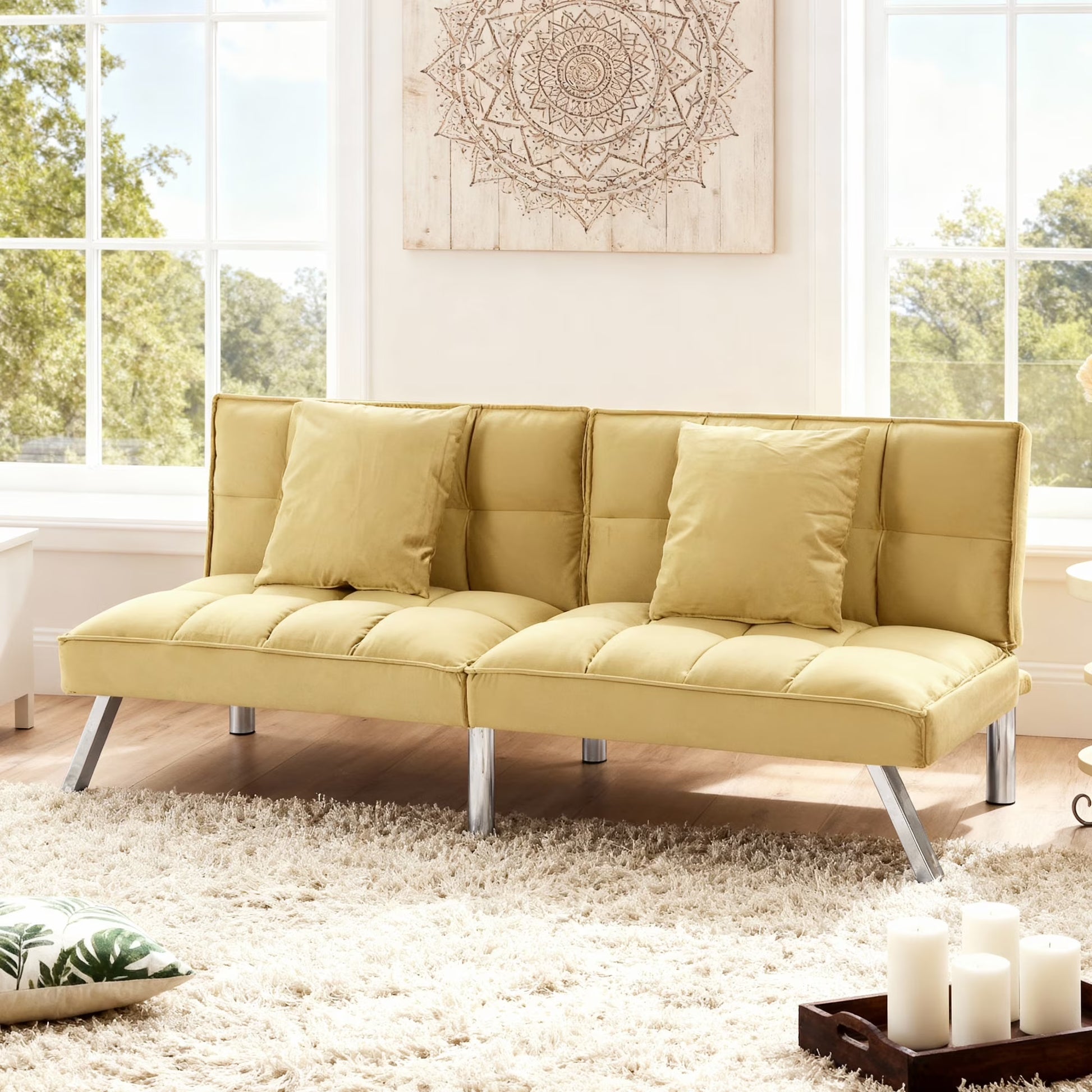 Gewnee Modern Velvet Futon Sofa Bed,67.7" Convertible Sleeper Sofa Bed with Throw Pillows Adjustable Backrest Angles,Loveseat for Small Place,Olive