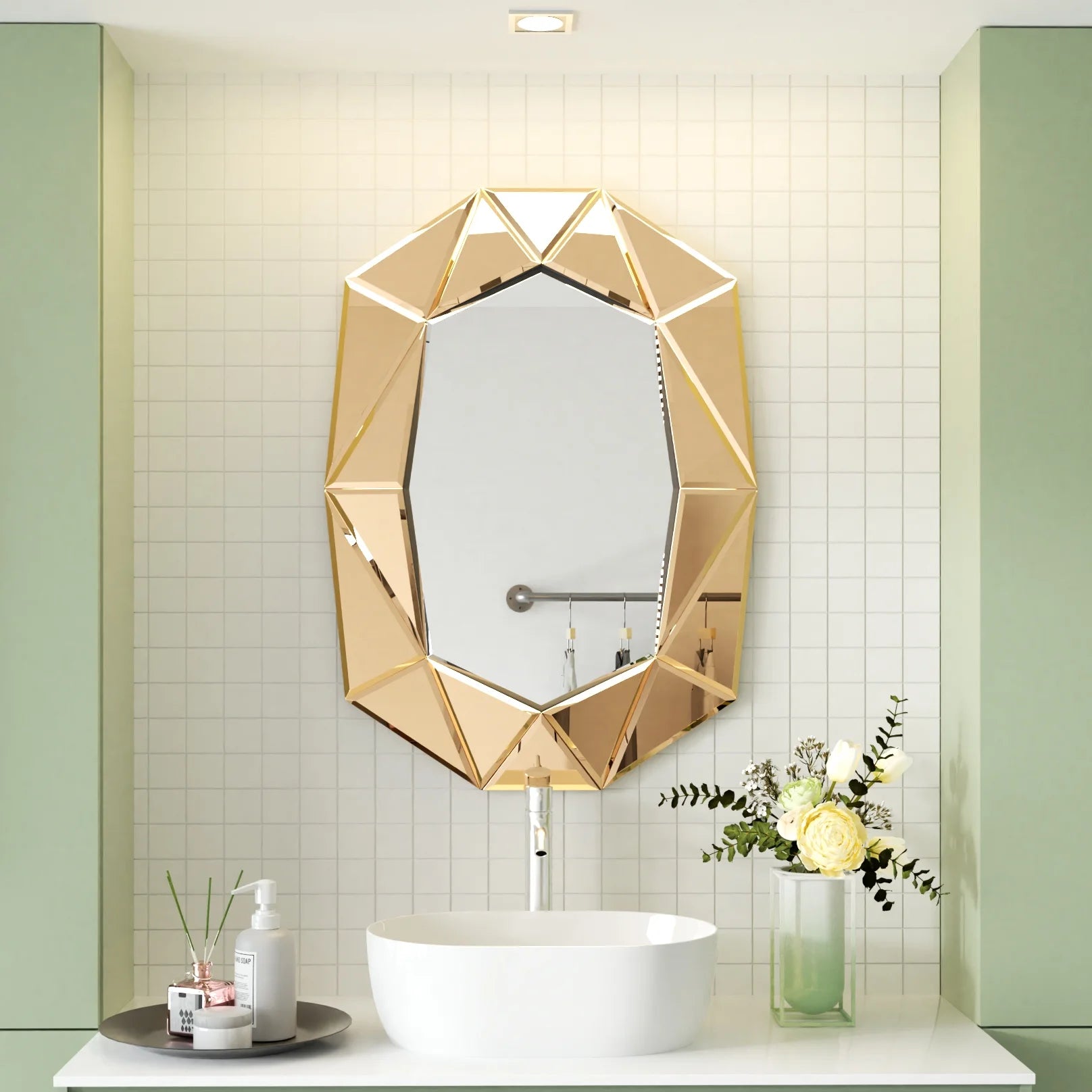 LUVODI Geometric Mirror Wall 28 x 39 inch Art Mirror Green 3D Glass Beveled for Bathroom Living Room