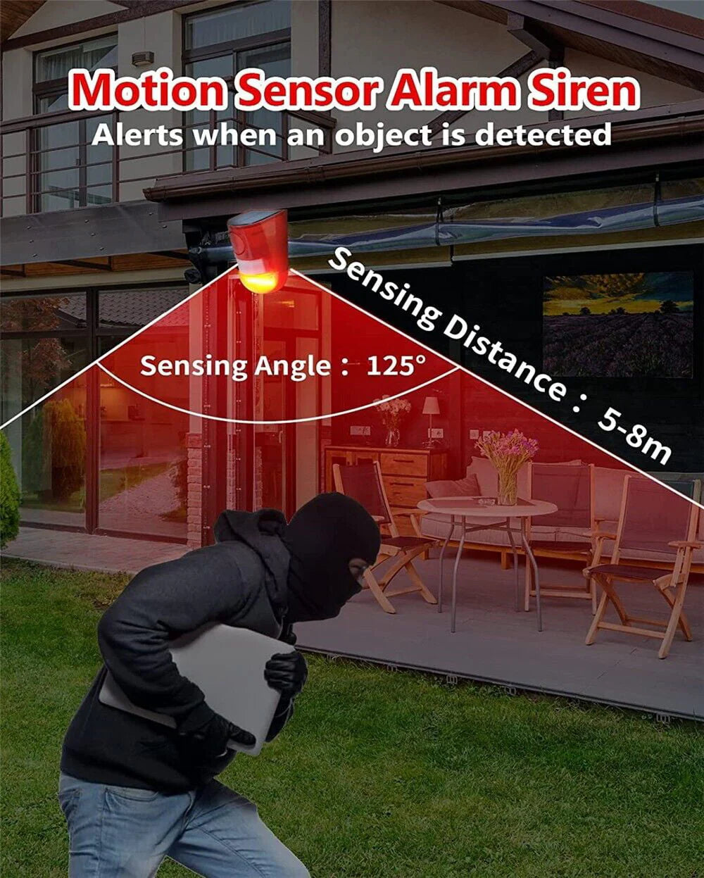 LINKPAL Solar Motion Sensor Detector Siren Sound Alarm LED Warning Strobe Flashing Red Light Security Outdoor Device for Home Warehouse Farm