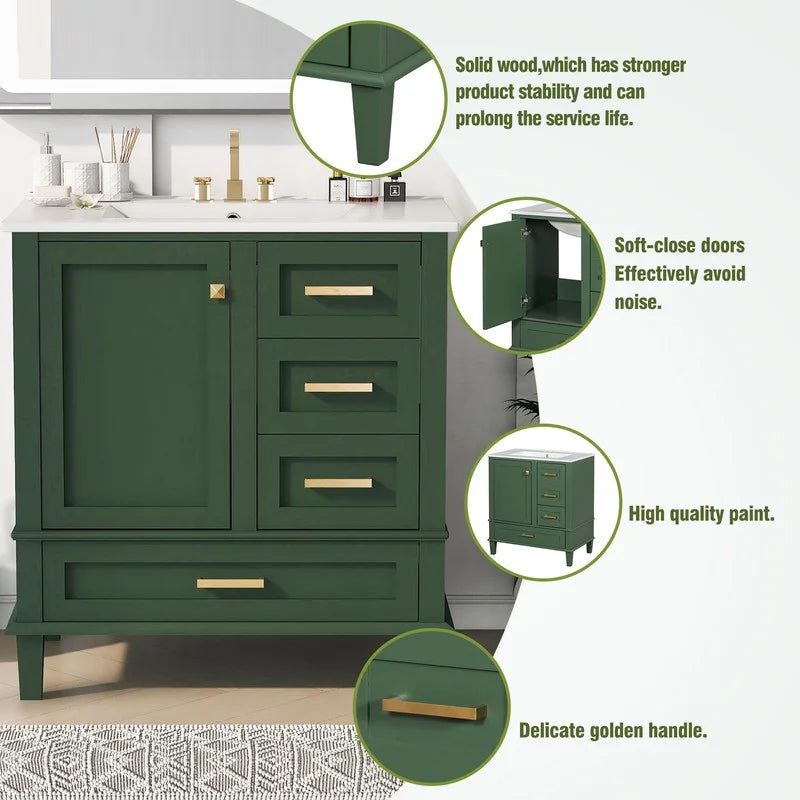 Duxelifin 30" Bathroom Vanity with Sink, Modern bathroom sink cabinet with Soft-Close storage Drawers, Freestanding Vanity with Ceramic Top (Green)