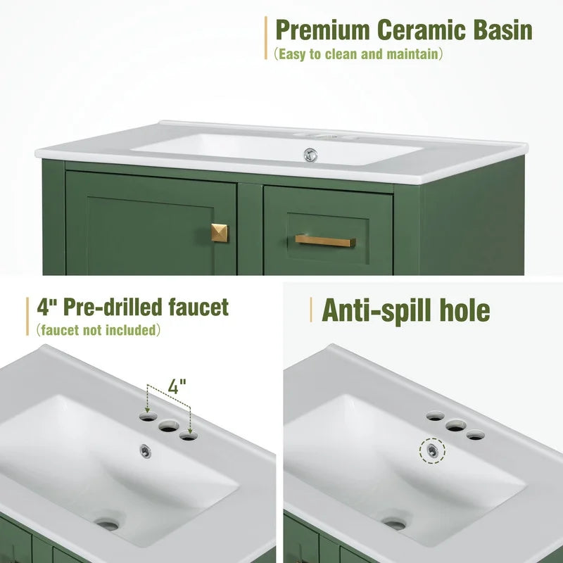 Duxelifin 30" Bathroom Vanity with Sink, Modern bathroom sink cabinet with Soft-Close storage Drawers, Freestanding Vanity with Ceramic Top (Green)