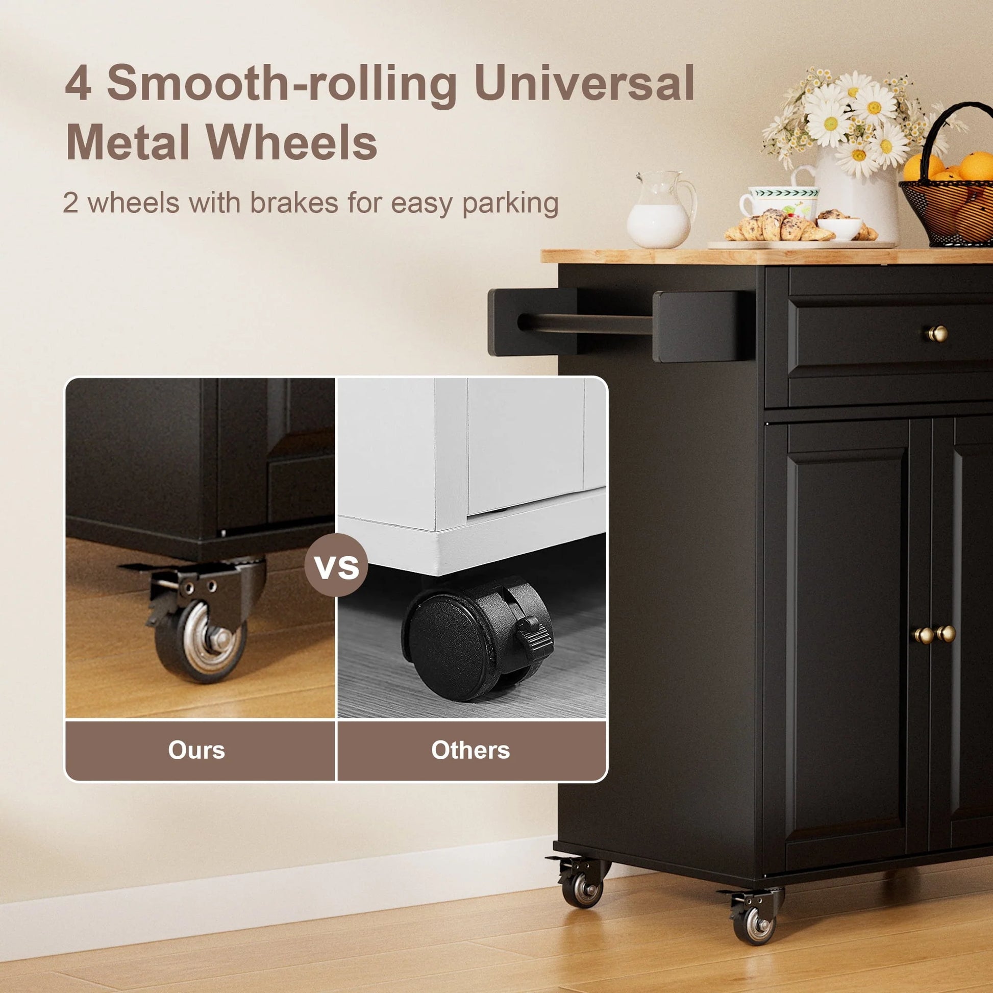 Kitchen Island with Storage on Wheels, Microwave cart with Spice Rack, Towel Rack & Drawer, Black