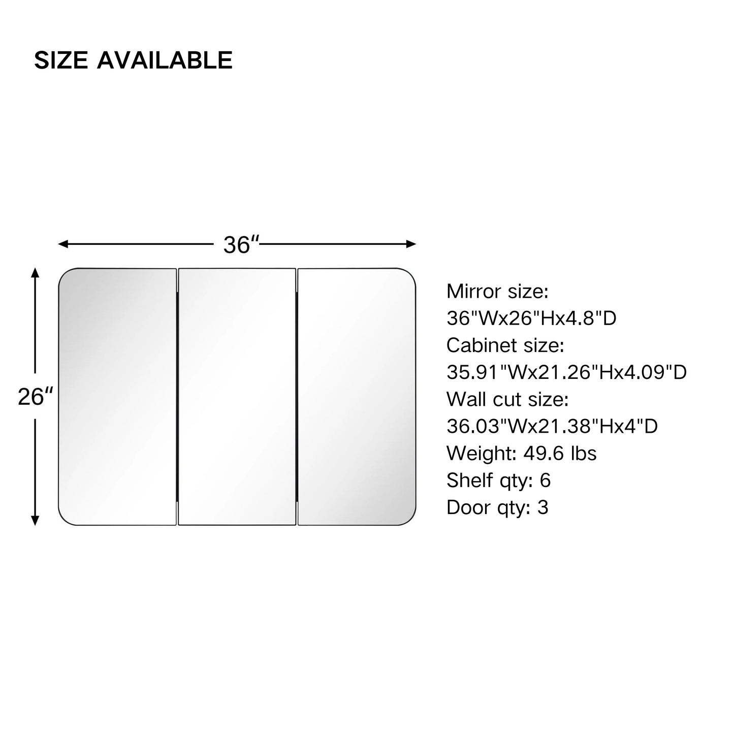TEHOME Matt Black Triple Door Recessed & Surface Mount Rectangle Bathroom Medicine Cabinet with Mirror 26 x 36'' 3 Door Metal Framed Rectangular Bathroom Cabinet 36 by 26 inches