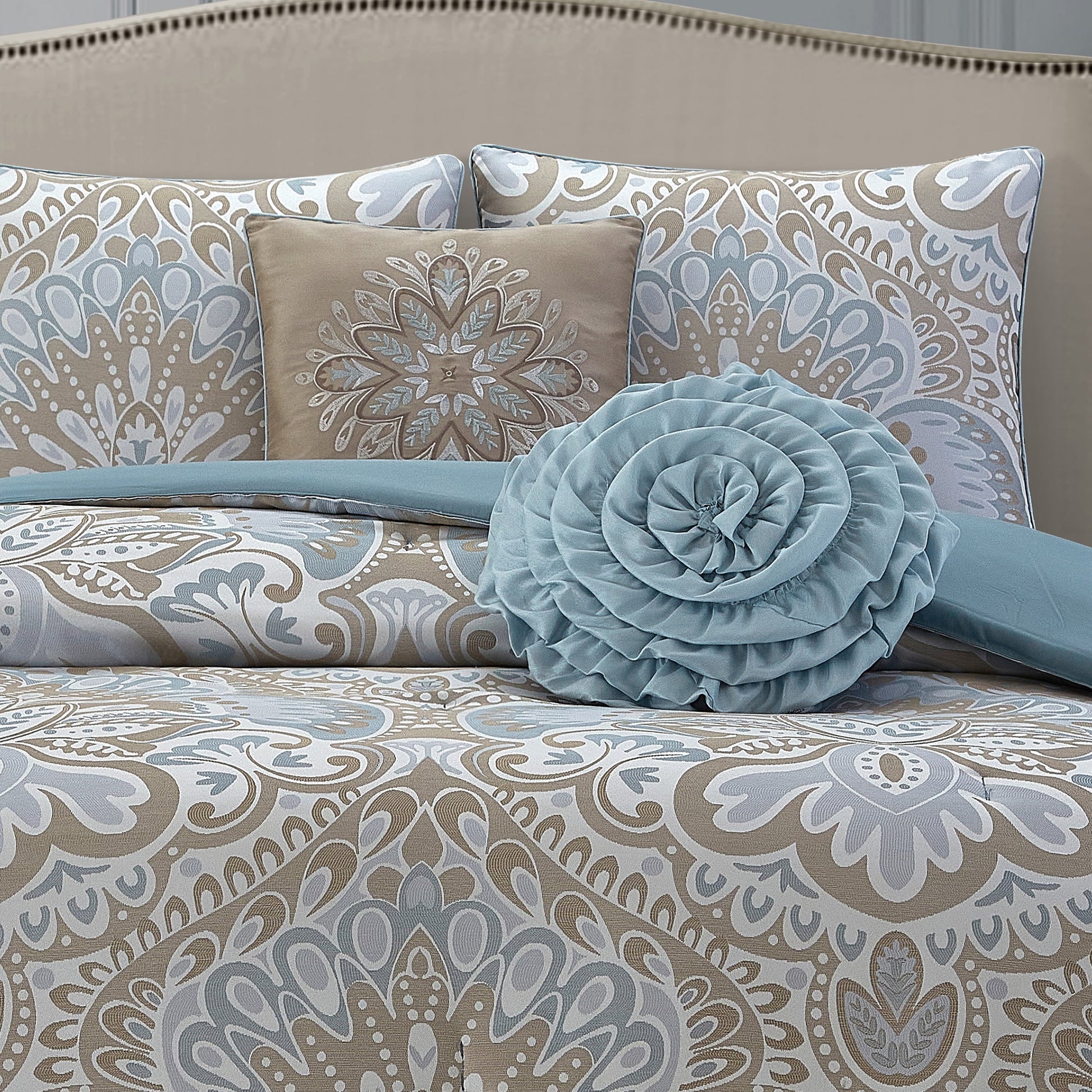 Lanco Luscious Diane 6-Piece Reversible Comforter Bedding Set, California King, Blue Gold, Fill Material Polyester, Floral