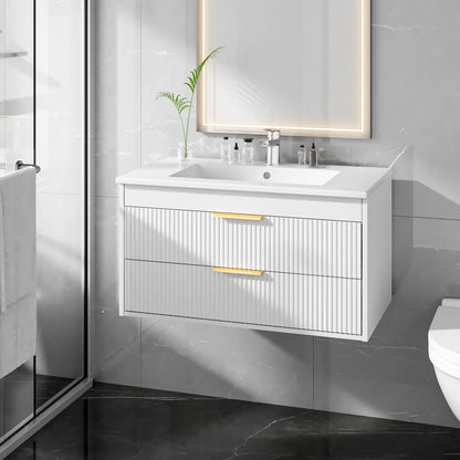 Advwin 30" Wall Mounted Bathroom Vanity with Ceramic Sink, Modern Floating Bathroom Storage Cabinet with Sensor Light & 2 Extra Large Drawers, White