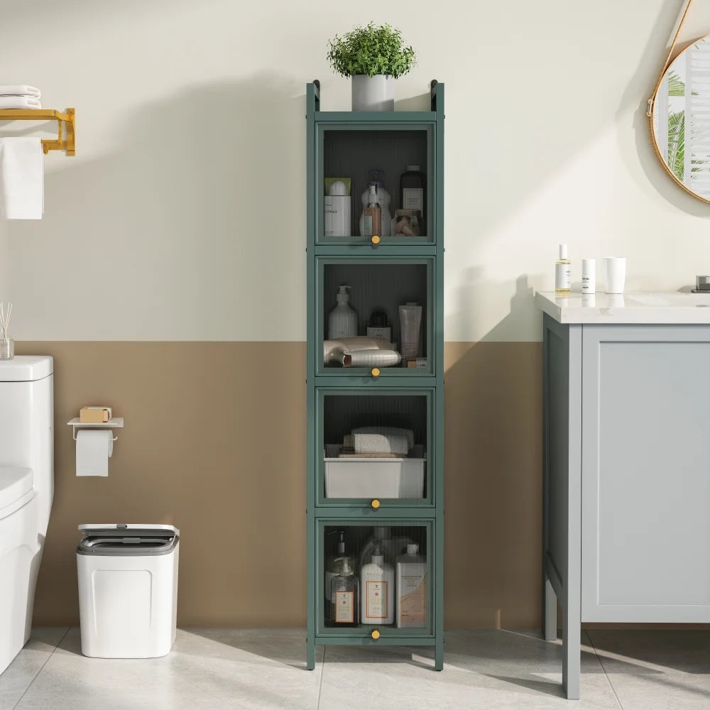 Hassch 4-Tier Display Case Storage Cabinet with Flip-Up Glass Doors, 60.62"H Iron Kitchen Pantry Cabinet Showcase Organizer Bookcase for Entryway Bedroom Bathroom Living Room, Dark Green