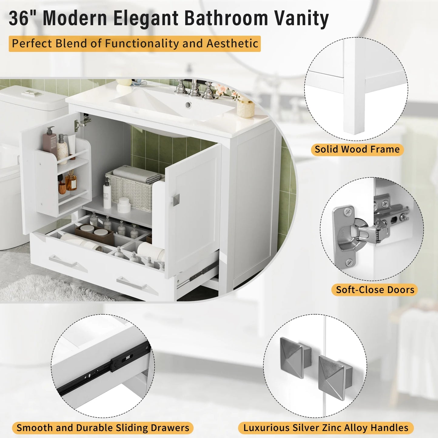 Harper & Bright Designs 72" White Bathroom Vanity Sink Combo with Soft-Close Doors, Bathroom Floor Cabinet with Storage