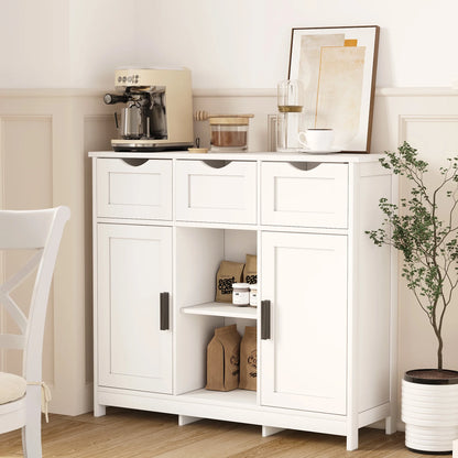 PORKISS White Floor Storage Cabinet, Wood Accent Cabinet with Drawers and Adjustable Shelves Storage, Modern Pantry Cabinet for Kitchen, Bathroom, Living Room