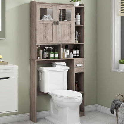 Over The Toilet Storage Cabinet, Storage Cabinet Over Toilet with Double Doors & Toilet Paper Holder Stand, Freestanding Toilet Shelf Space Saver with Anti-Tip Design & Adjustable Shelf, Black
