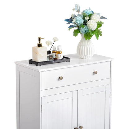 BaytoCare Wooden Free Standing Bathroom Floor Cabinet with Drawer and Double Doors, Bathroom Storage Organizer also Suitable for Kitchen Entryway Bedroom, White Finish