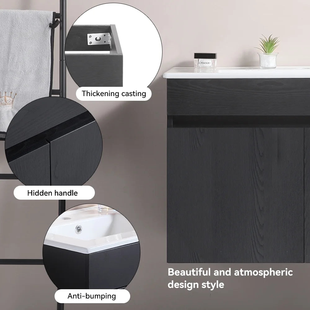 30 Inch Modern Wall-Mounted Bathroom Sink Cabinet, Floating Bathroom Vanity with Storage and Two Soft Close Doors, Bathroom Vanity with Sink, Faucet Not Included,Solid Wood, Black.