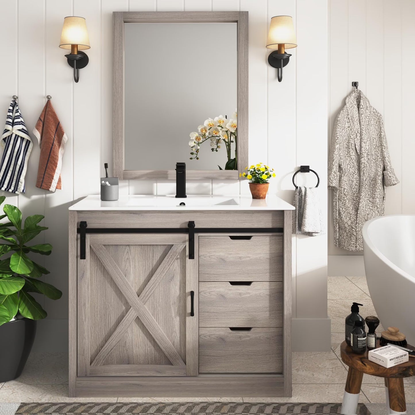 Blotout 36" Bathroom Vanity with Sink & Faucet & Mirror, Farmhouse Bathroom Vanity Cabinet Set with Sliding Barn Door & 3 Drawers, Freestanding Single Bath Storage Vanity Ceramic Sink, White