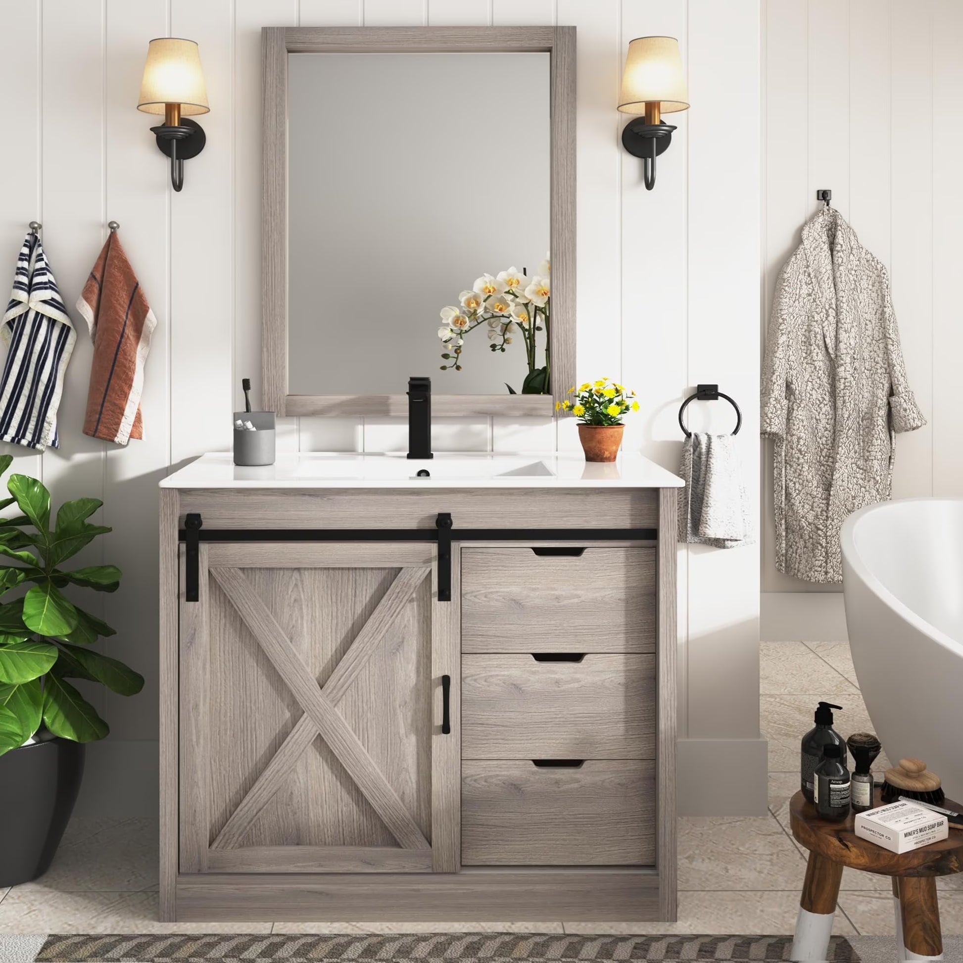 Blotout 36" Bathroom Vanity with Sink & Faucet & Mirror, Farmhouse Bathroom Vanity Cabinet Set with Sliding Barn Door & 3 Drawers, Freestanding Single Bath Storage Vanity Ceramic Sink, White