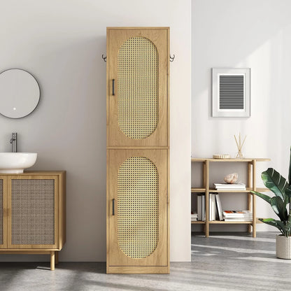 66-Inch Bathroom Storage Cabinet with Rattan Doors, Bath Room Organizer Floor Cabinets Brown