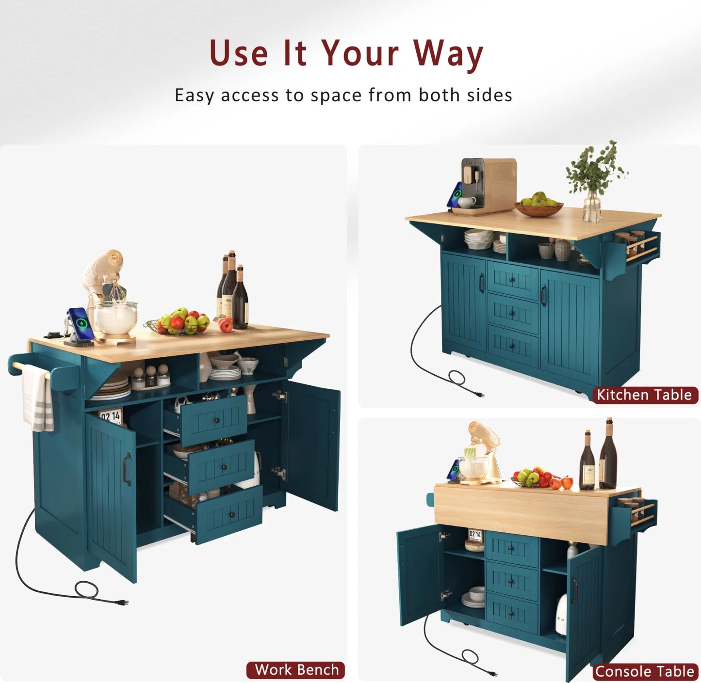 55.7'' Large Kitchen Island with 2 Drop Leaf,, Rolling Kitchen Cart on Wheels with Power Outlet, Spice & Towel Rack and 3 Drawers, Folding Storage Dining Table for Kitchen, Dining Room, Green